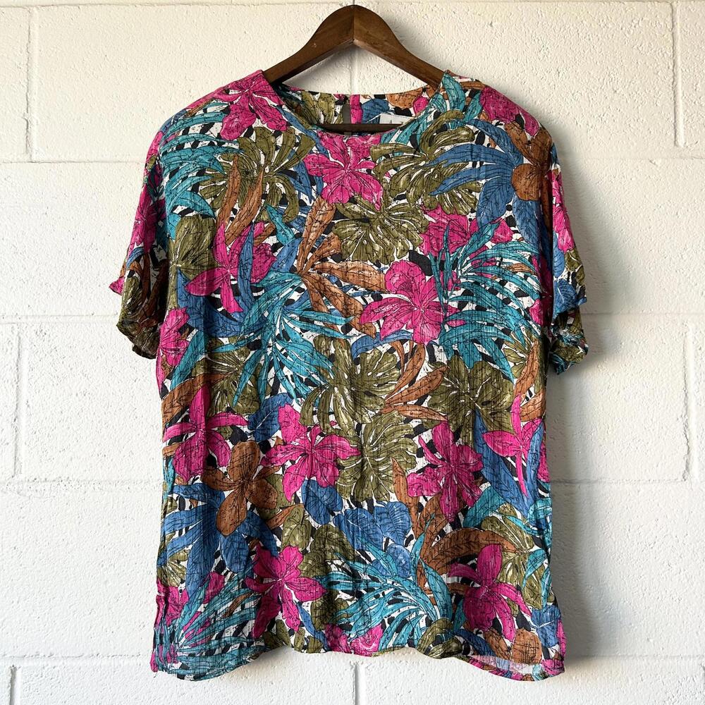 Vintage A.K.F. Colorful Floral Shoulder Pads Short Sleeve Blouse Top Women's 10